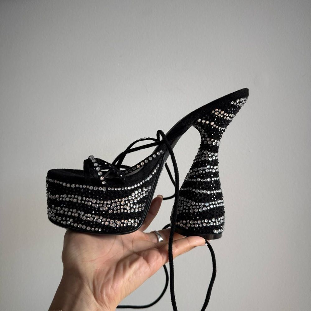 ‼️LAST CHANCE Black and silver rhinestone platform heels with ankle lace-up
